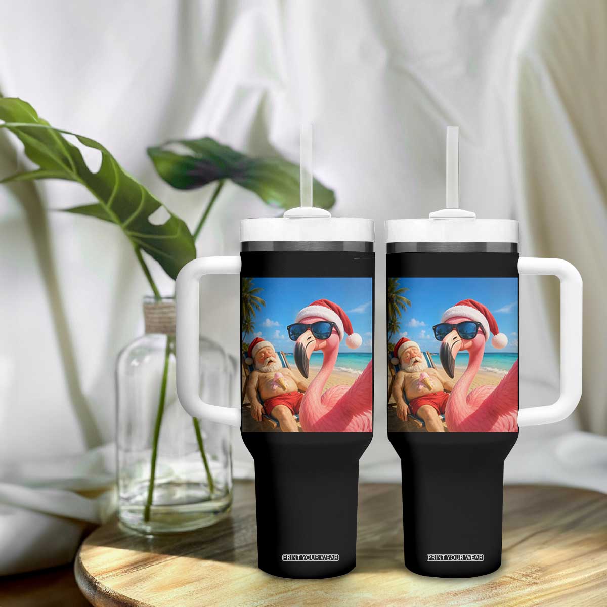 Funny Flamingo Beach Selfie Tumbler With Handle Christmas in July TS14 Print Your Wear