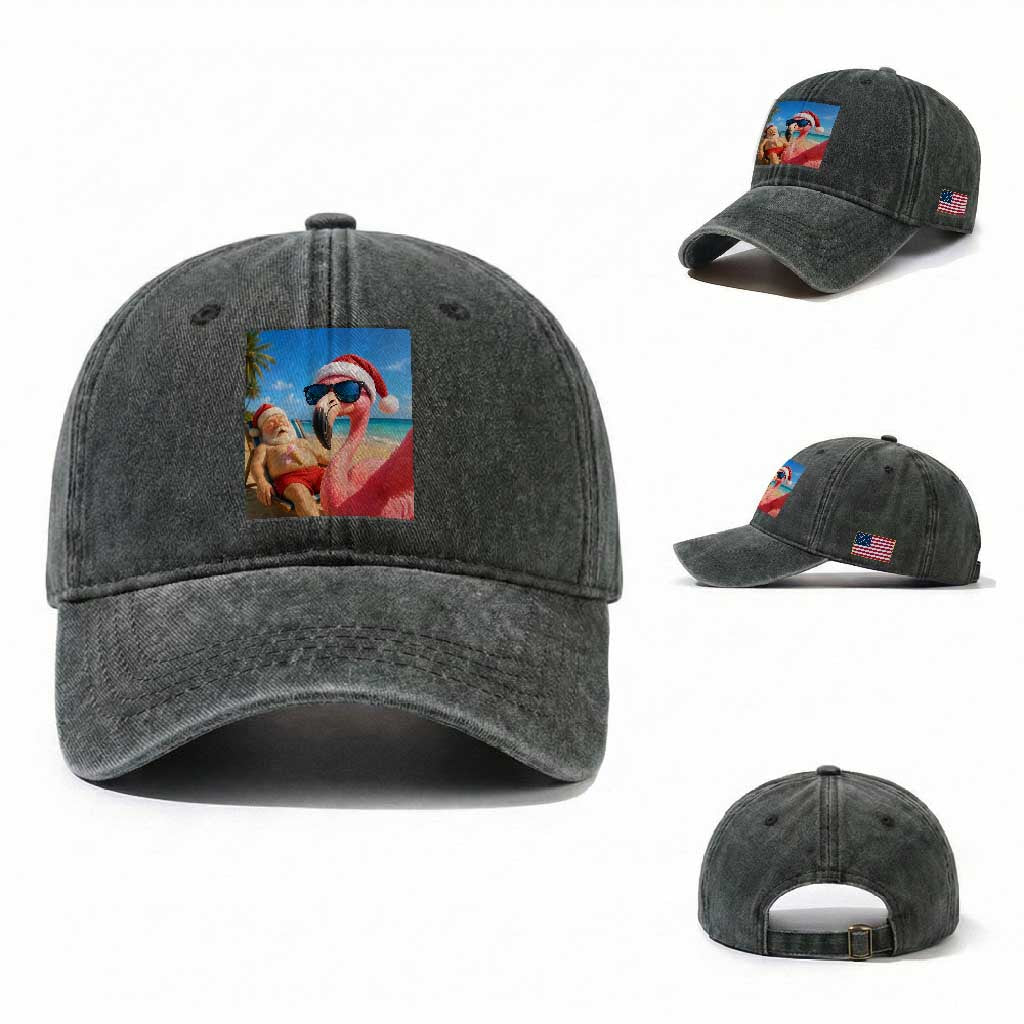 Funny Flamingo Beach Selfie Washed Cotton Baseball Cap Christmas in July