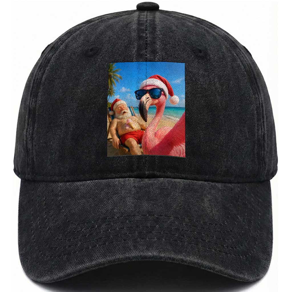 Funny Flamingo Beach Selfie Washed Cotton Baseball Cap Christmas in July TS14 Print Your Wear