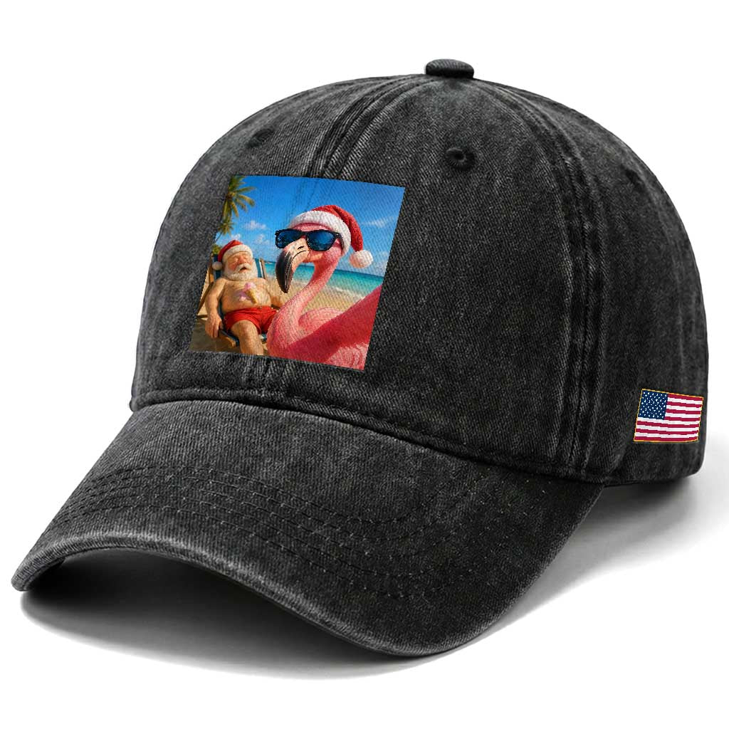 Funny Flamingo Beach Selfie Washed Cotton Baseball Cap Christmas in July