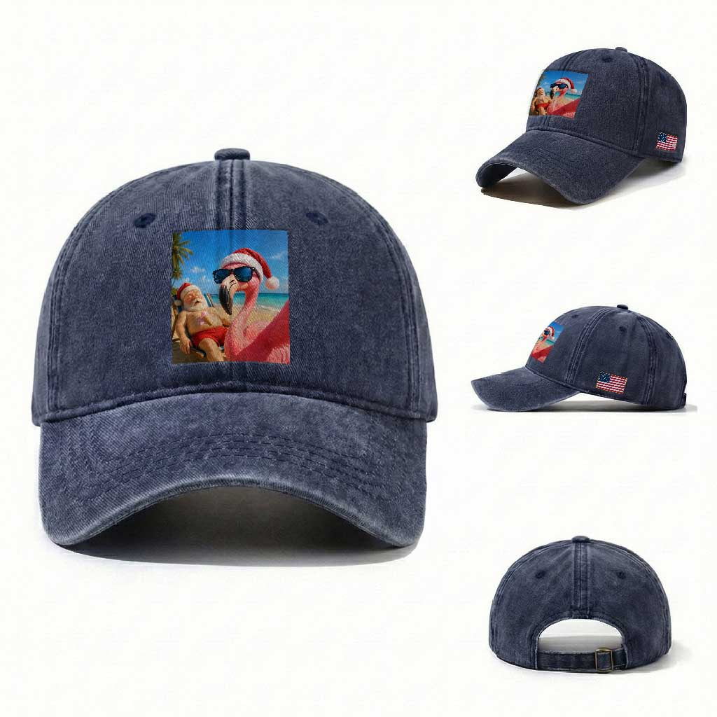 Funny Flamingo Beach Selfie Washed Cotton Baseball Cap Christmas in July