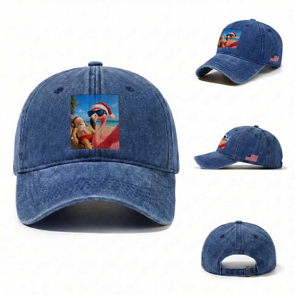 Funny Flamingo Beach Selfie Washed Cotton Baseball Cap Christmas in July