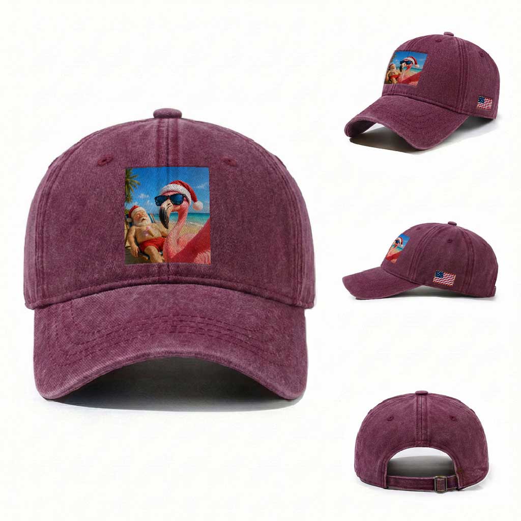 Funny Flamingo Beach Selfie Washed Cotton Baseball Cap Christmas in July