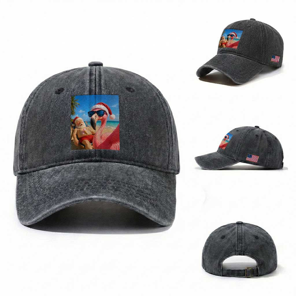 Funny Flamingo Beach Selfie Washed Cotton Baseball Cap Christmas in July