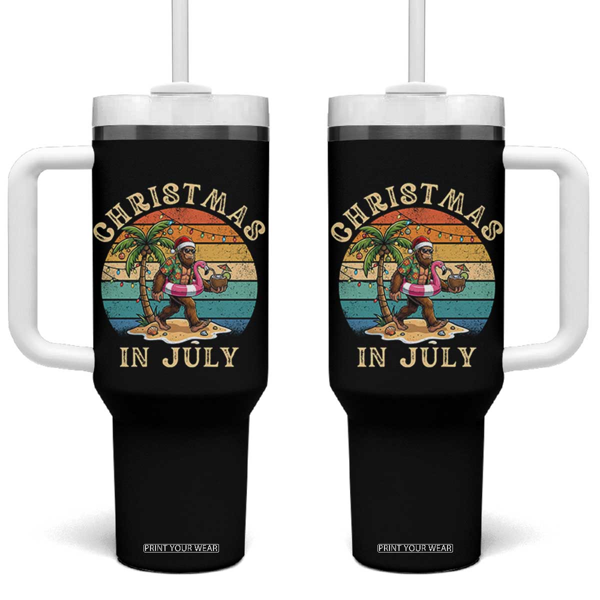 Funny Bigfoot Christmas In July Beach Vacation Tumbler With Handle