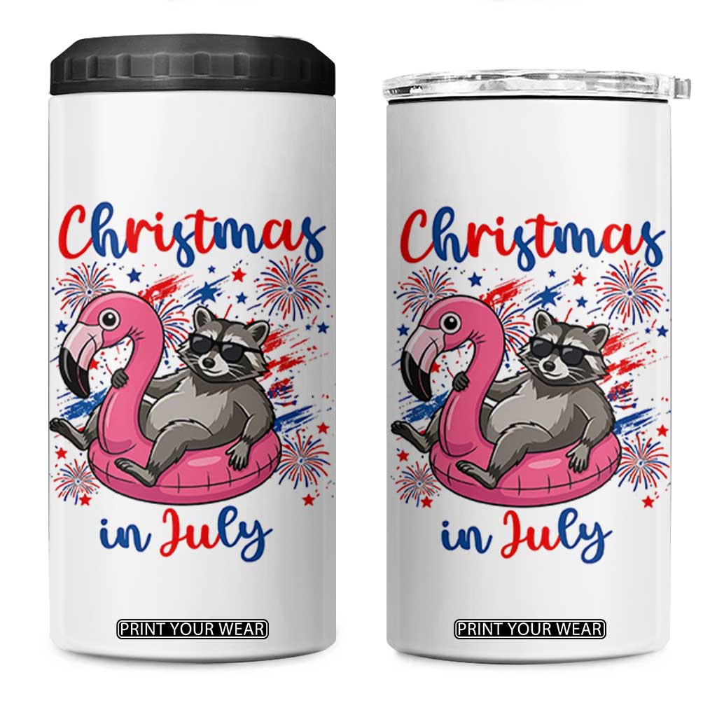 Funny Raccoon Christmas In July 4th of July 4 in 1 Can Cooler Tumbler