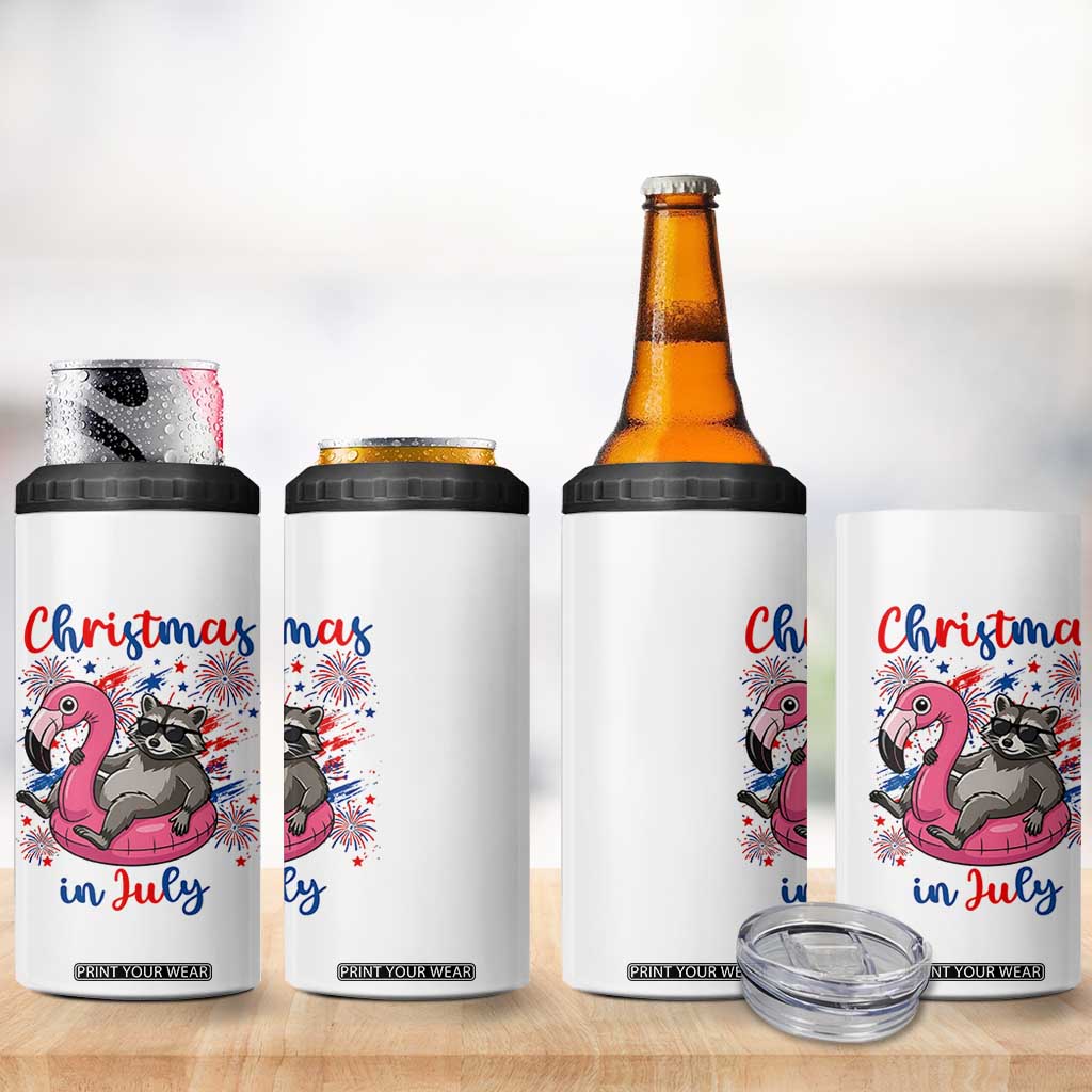 Funny Raccoon Christmas In July 4th of July 4 in 1 Can Cooler Tumbler