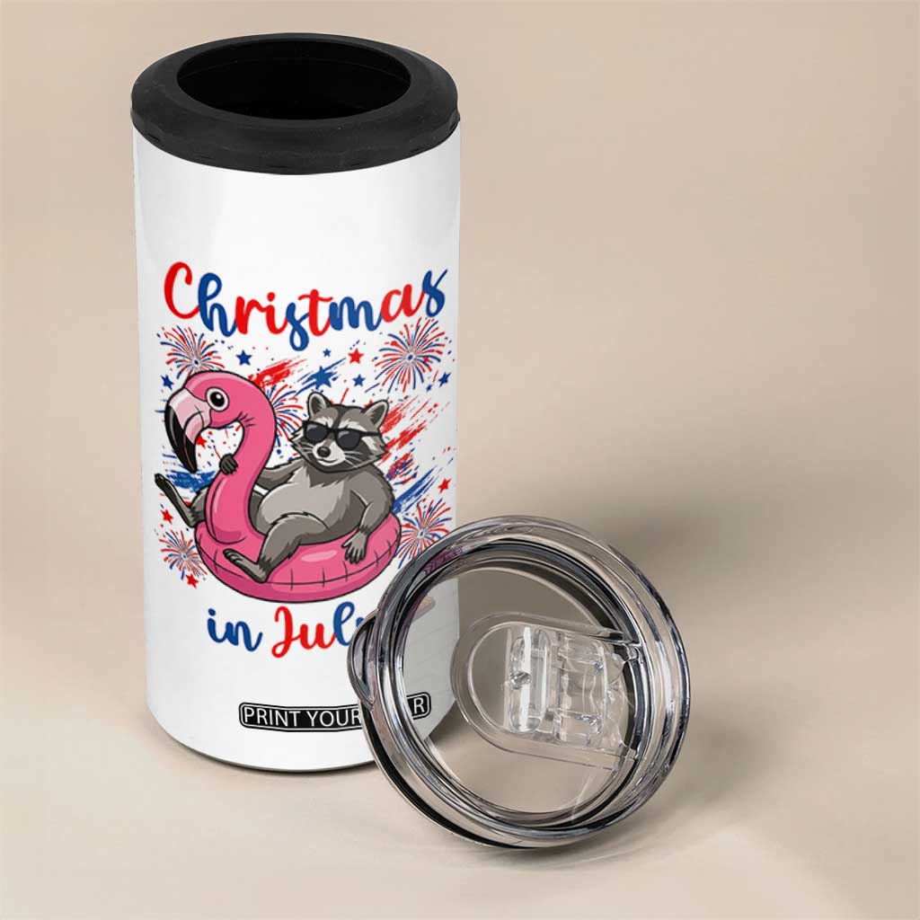Funny Raccoon Christmas In July 4th of July 4 in 1 Can Cooler Tumbler