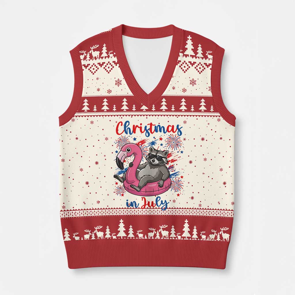 Funny Raccoon Christmas In July 4th of July V-Neck Knit Sweater Vest