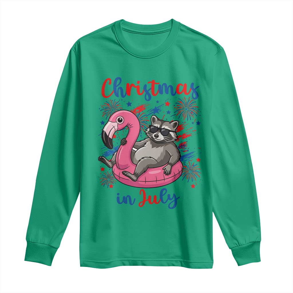 Funny Raccoon Christmas In July 4th of July Long Sleeve Shirt