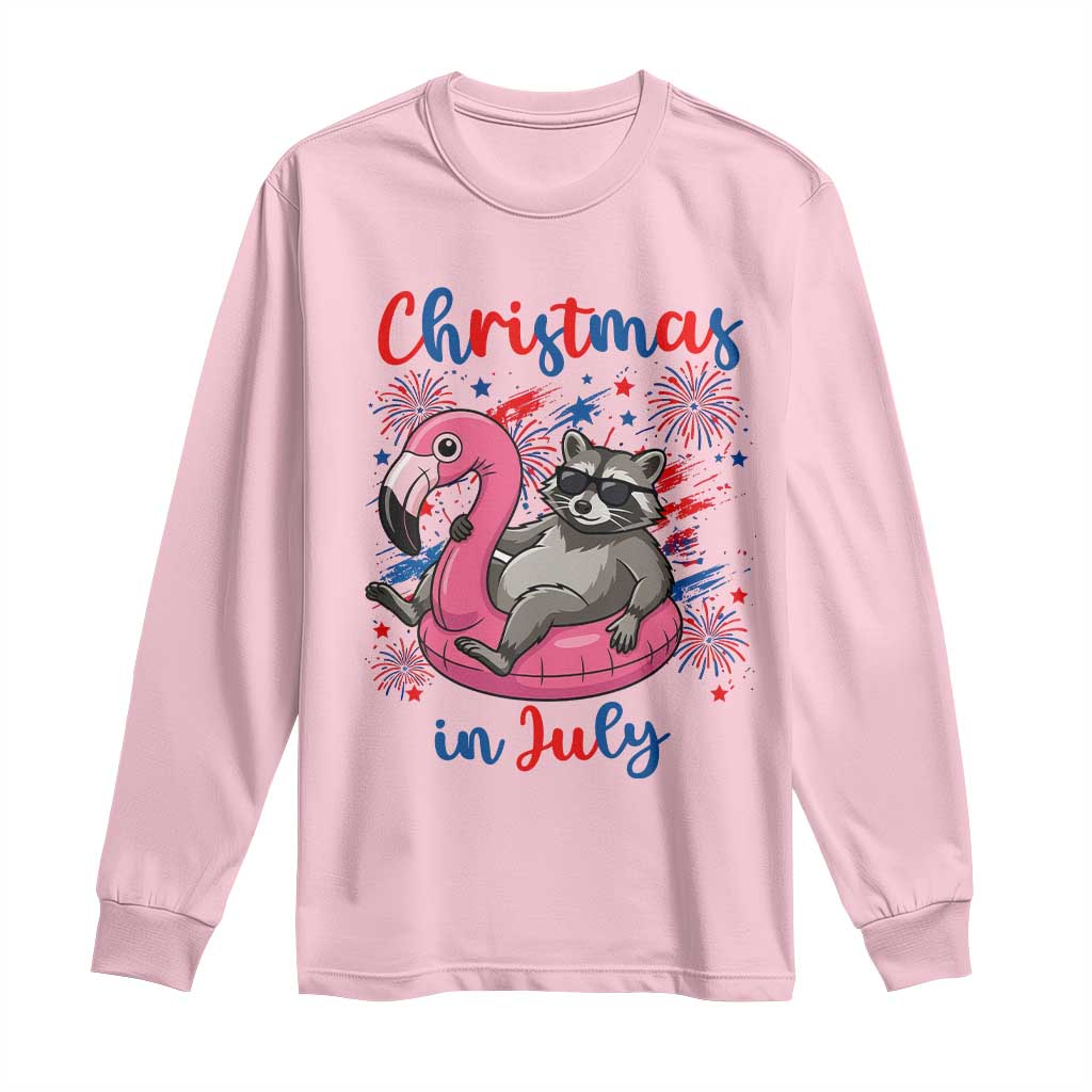 Funny Raccoon Christmas In July 4th of July Long Sleeve Shirt