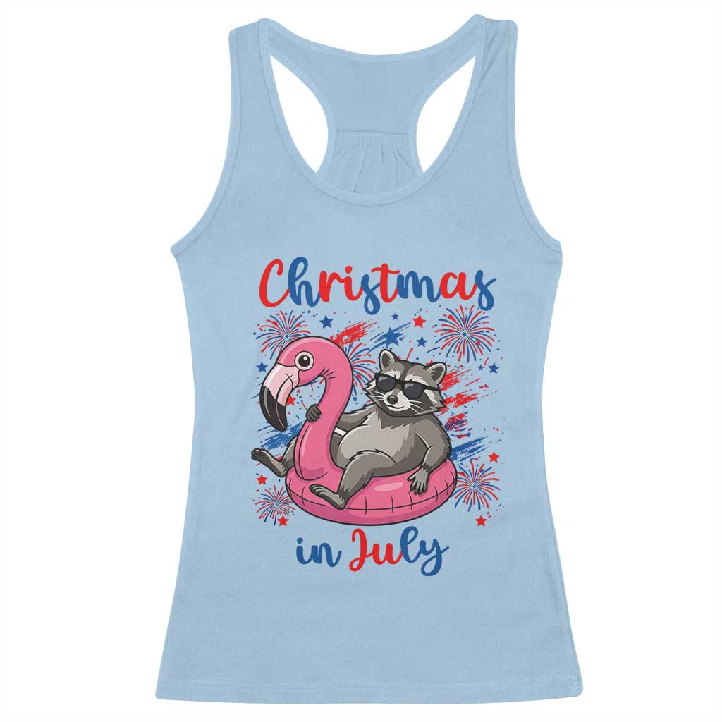 Funny Raccoon Christmas In July 4th of July Racerback Tank Top