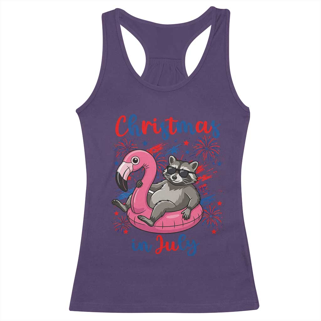 Funny Raccoon Christmas In July 4th of July Racerback Tank Top