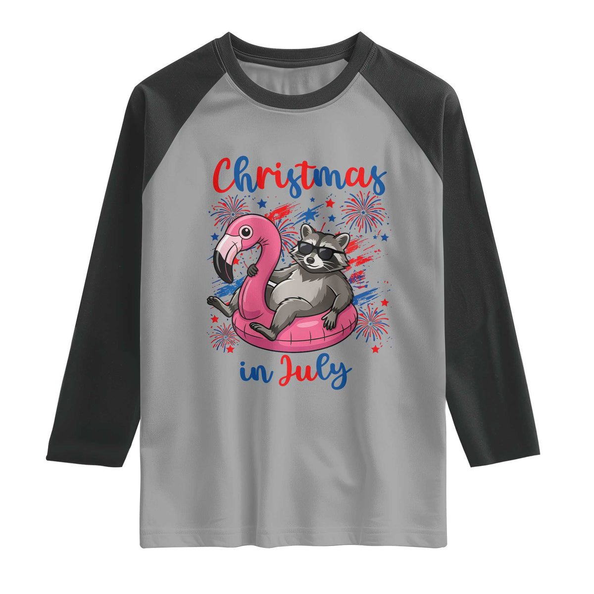 Funny Raccoon Christmas In July 4th of July Raglan Shirt