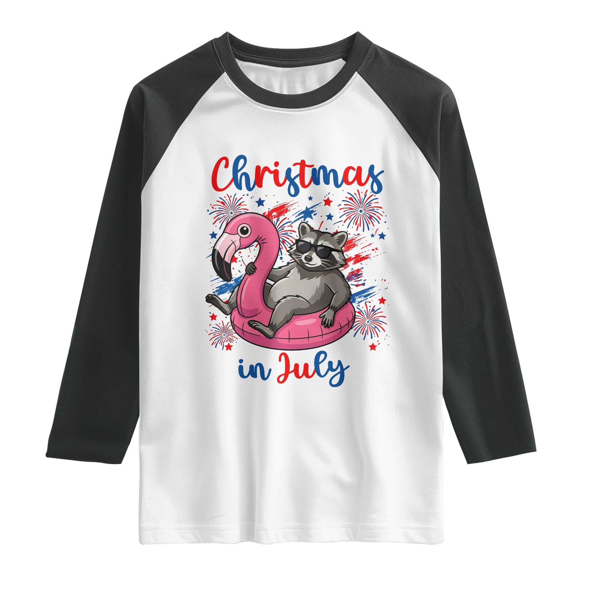 Funny Raccoon Christmas In July 4th of July Raglan Shirt