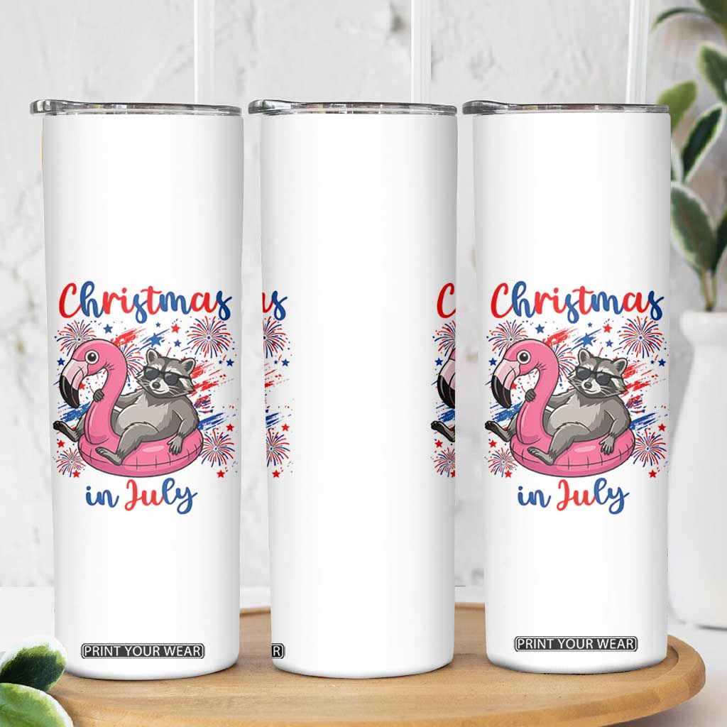 Funny Raccoon Christmas In July 4th of July Skinny Tumbler