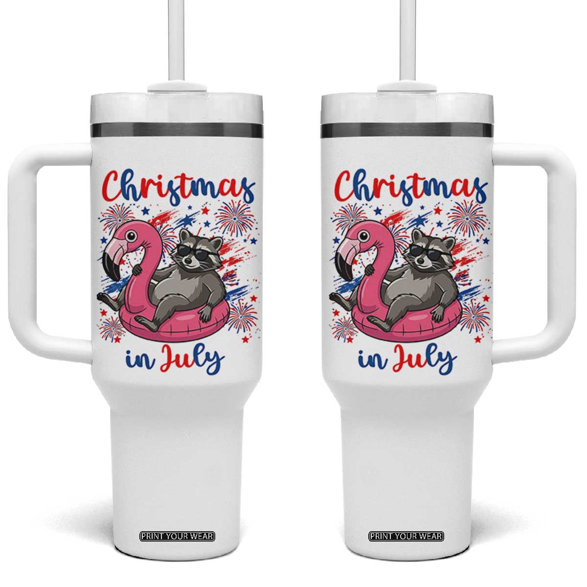 Funny Raccoon Christmas In July 4th of July Tumbler With Handle TS14 One Size: 40 oz White Print Your Wear
