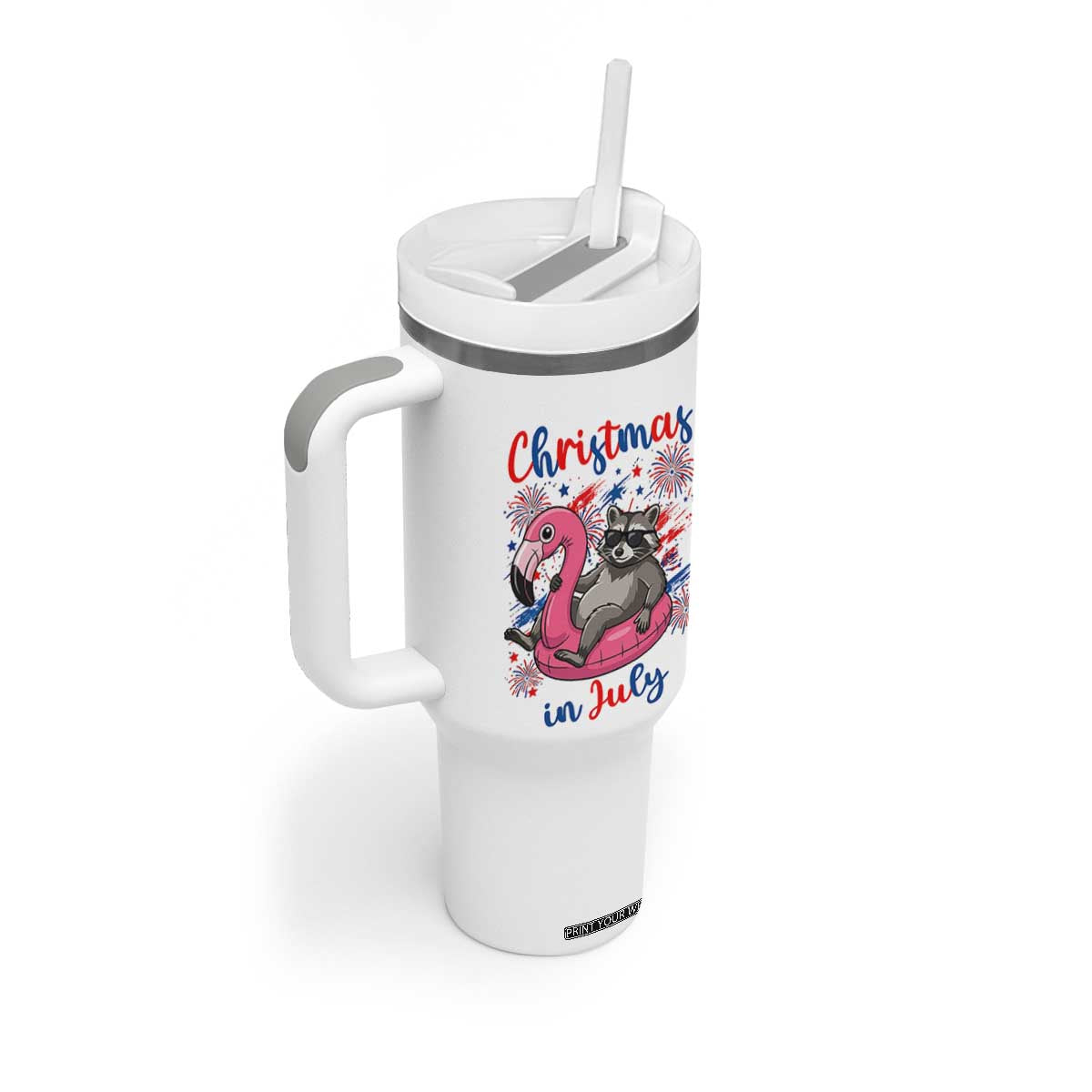 Funny Raccoon Christmas In July 4th of July Tumbler With Handle