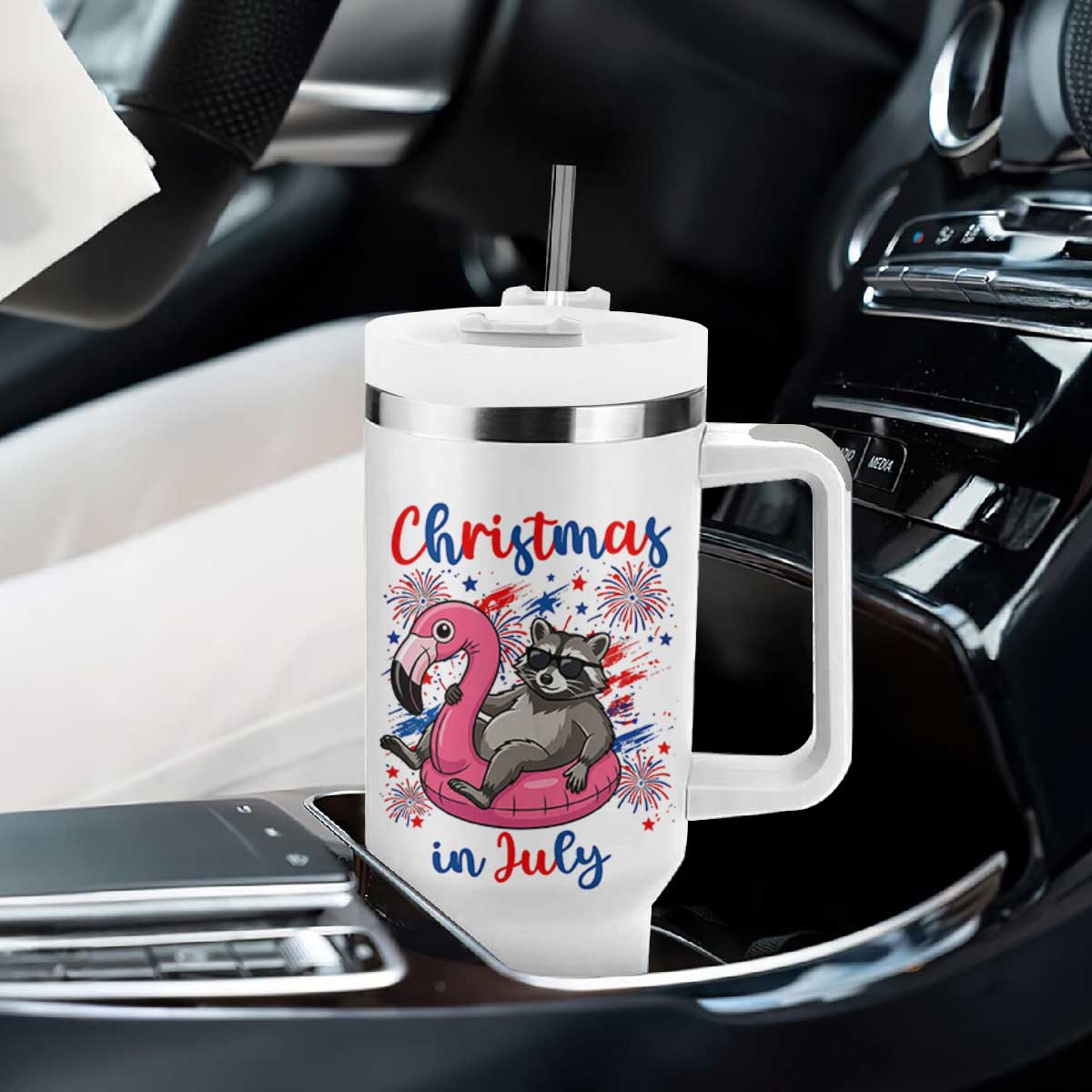 Funny Raccoon Christmas In July 4th of July Tumbler With Handle