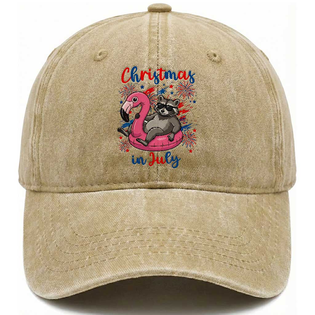 Funny Raccoon Christmas In July 4th of July Washed Cotton Baseball Cap TS14 Print Your Wear