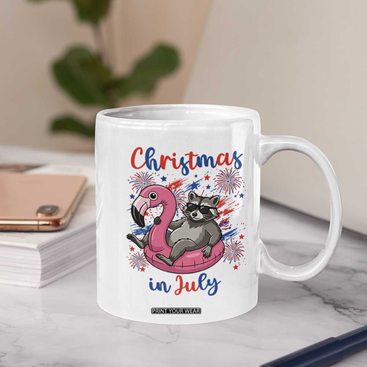 Funny Raccoon Christmas In July 4th of July Coffee Mug