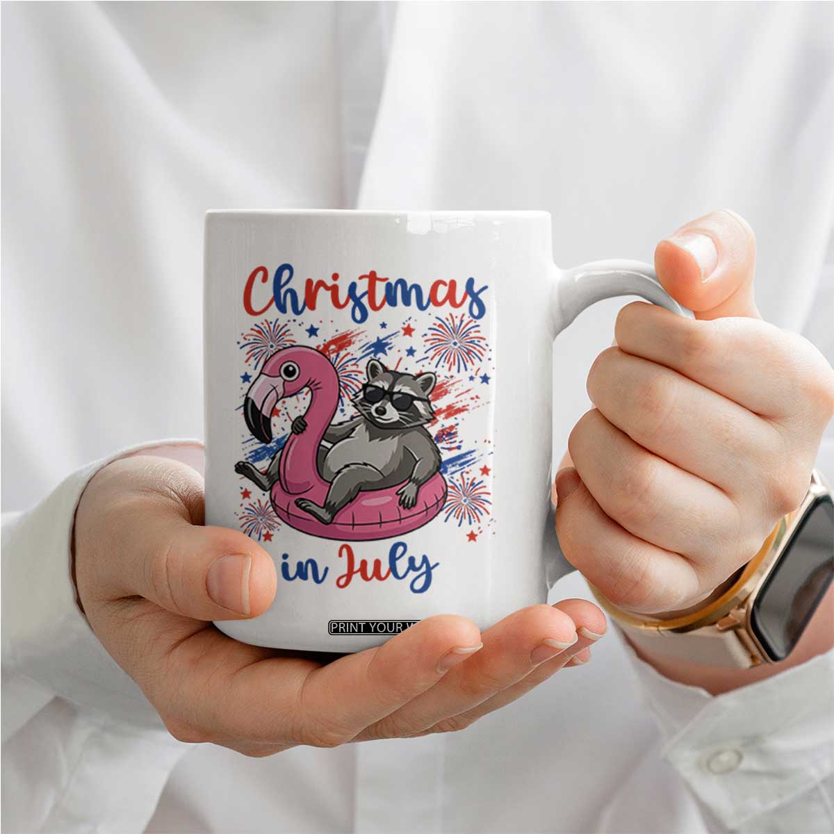 Funny Raccoon Christmas In July 4th of July Coffee Mug
