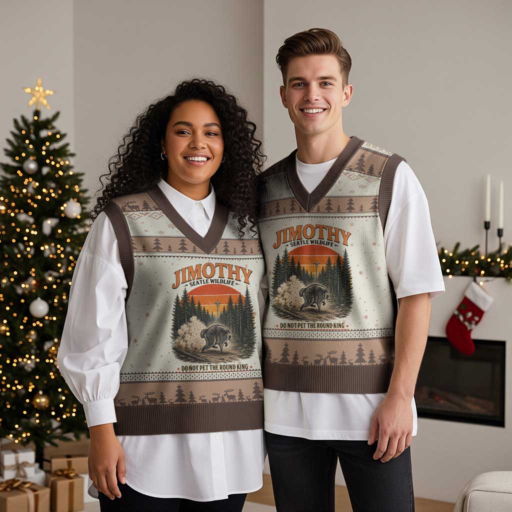 Jimothy Raccoon Seattle Meme V-Neck Knit Sweater Vest Viral Trash Panda Do Not Pet The Round King
