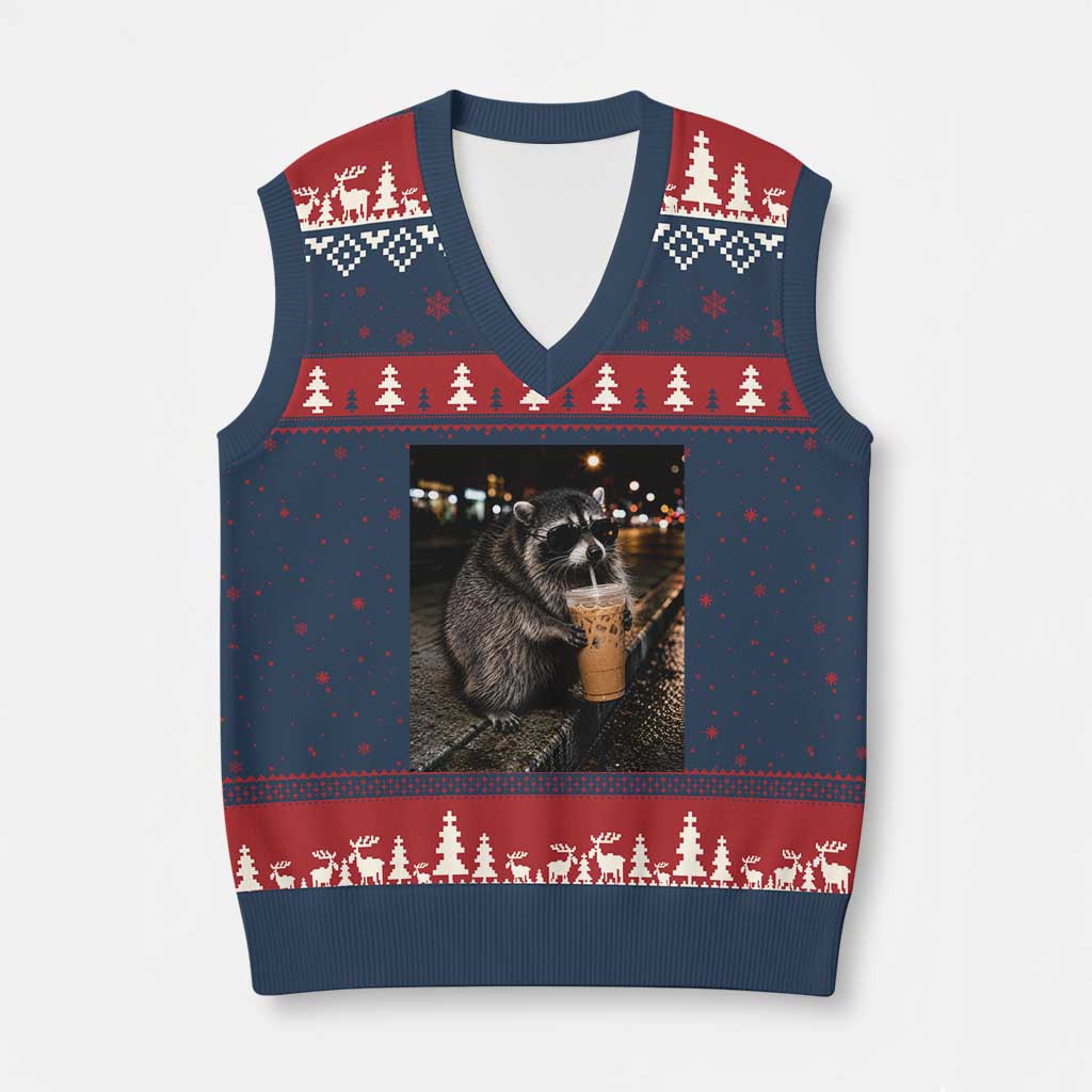 Jimothy Raccoon Seattle Drinking Iced Coffee Meme V-Neck Knit Sweater Vest Viral Trash Panda Seattle Animal Meme TS14 Navy Red Print Your Wear