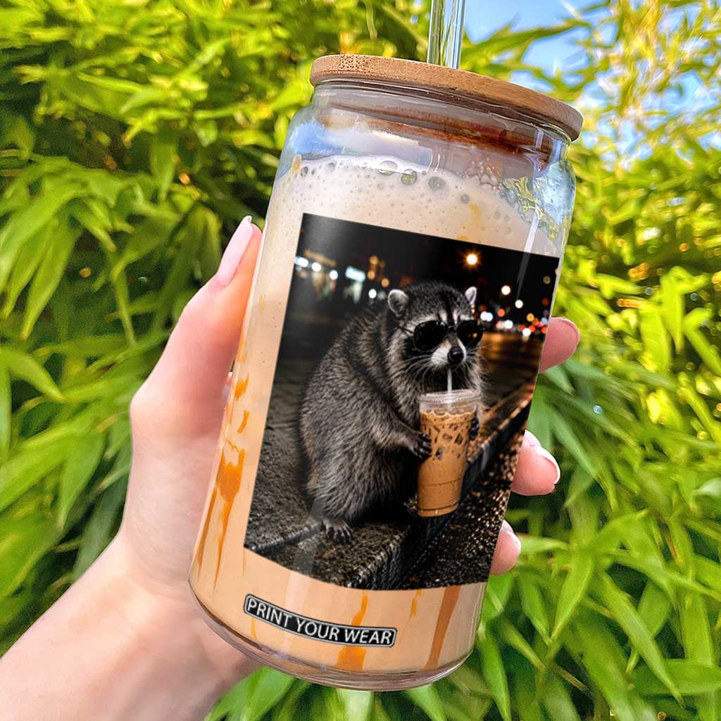 Jimothy Raccoon Seattle Drinking Iced Coffee Meme Glass Can Viral Trash Panda Seattle Animal Meme TS14 Black Print Your Wear