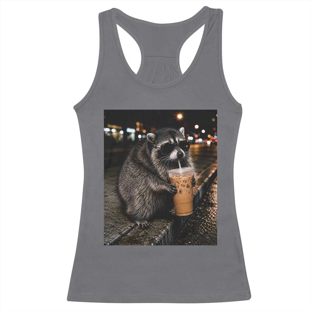 Jimothy Raccoon Seattle Drinking Iced Coffee Meme Racerback Tank Top Viral Trash Panda Seattle Animal Meme