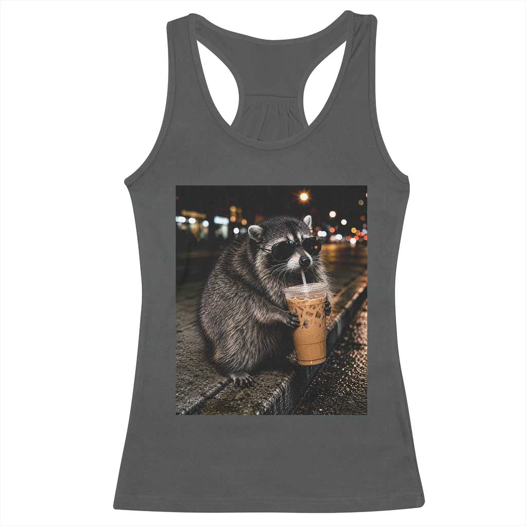 Jimothy Raccoon Seattle Drinking Iced Coffee Meme Racerback Tank Top Viral Trash Panda Seattle Animal Meme