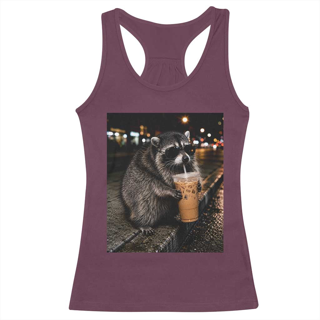 Jimothy Raccoon Seattle Drinking Iced Coffee Meme Racerback Tank Top Viral Trash Panda Seattle Animal Meme