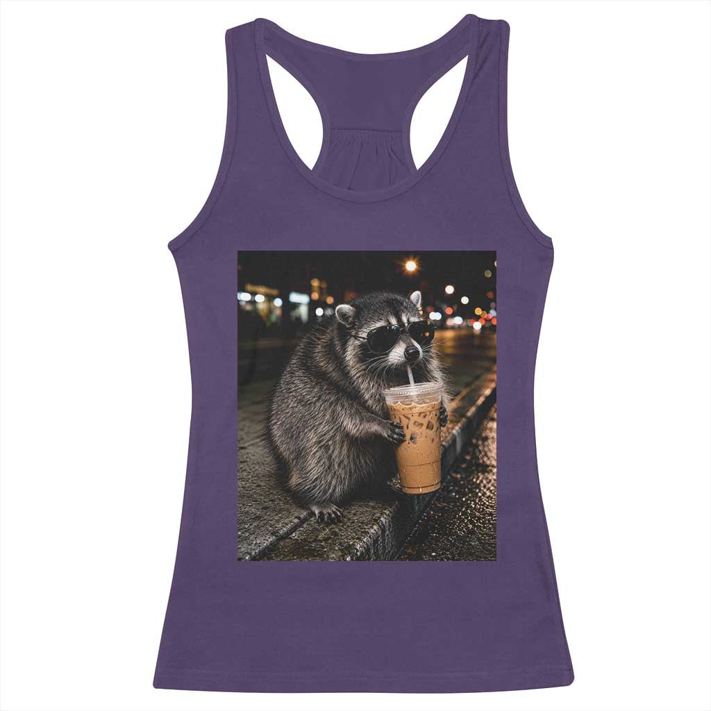 Jimothy Raccoon Seattle Drinking Iced Coffee Meme Racerback Tank Top Viral Trash Panda Seattle Animal Meme