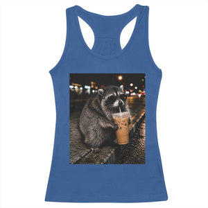 Jimothy Raccoon Seattle Drinking Iced Coffee Meme Racerback Tank Top Viral Trash Panda Seattle Animal Meme
