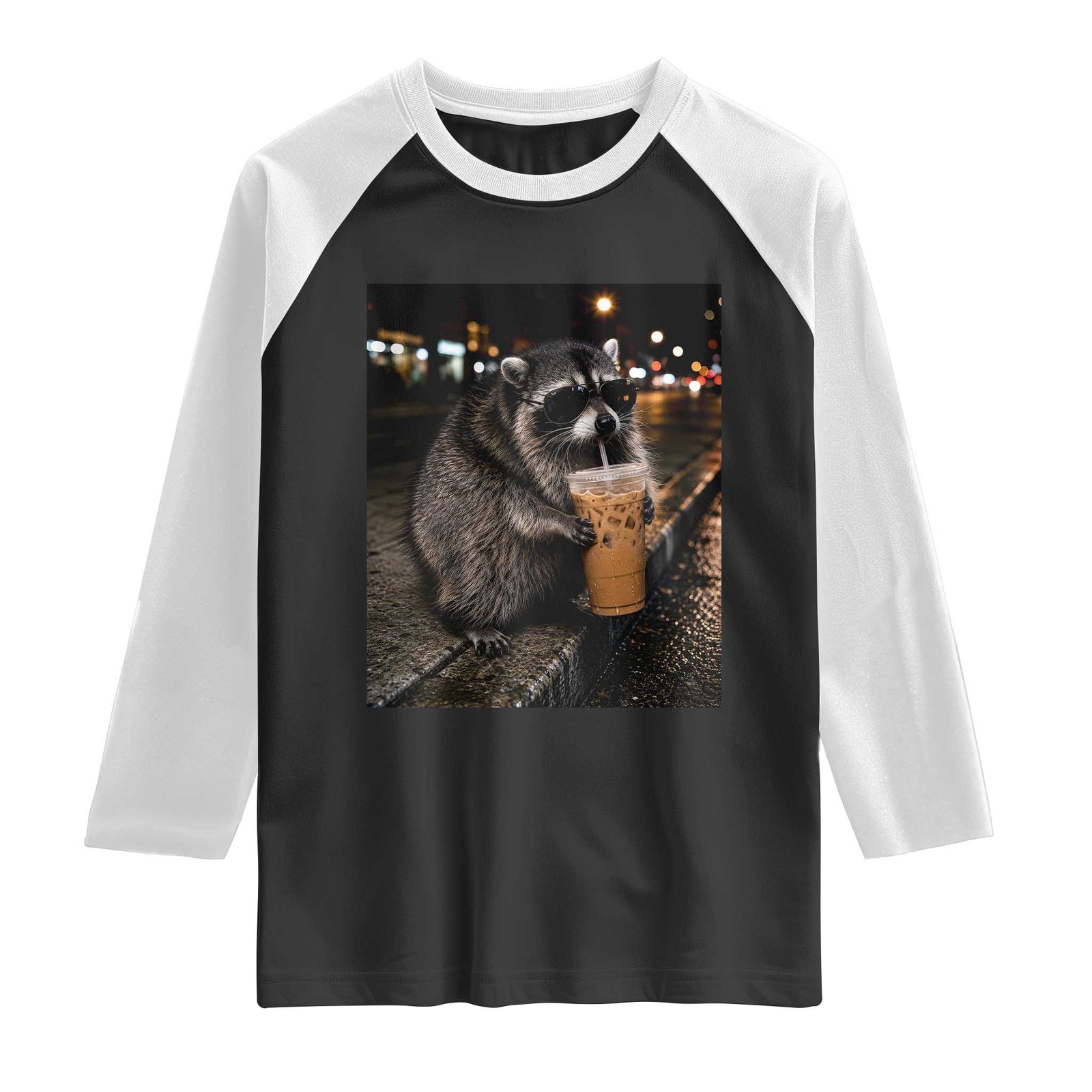 Jimothy Raccoon Seattle Drinking Iced Coffee Meme Raglan Shirt Viral Trash Panda Seattle Animal Meme TS14 Black White Print Your Wear