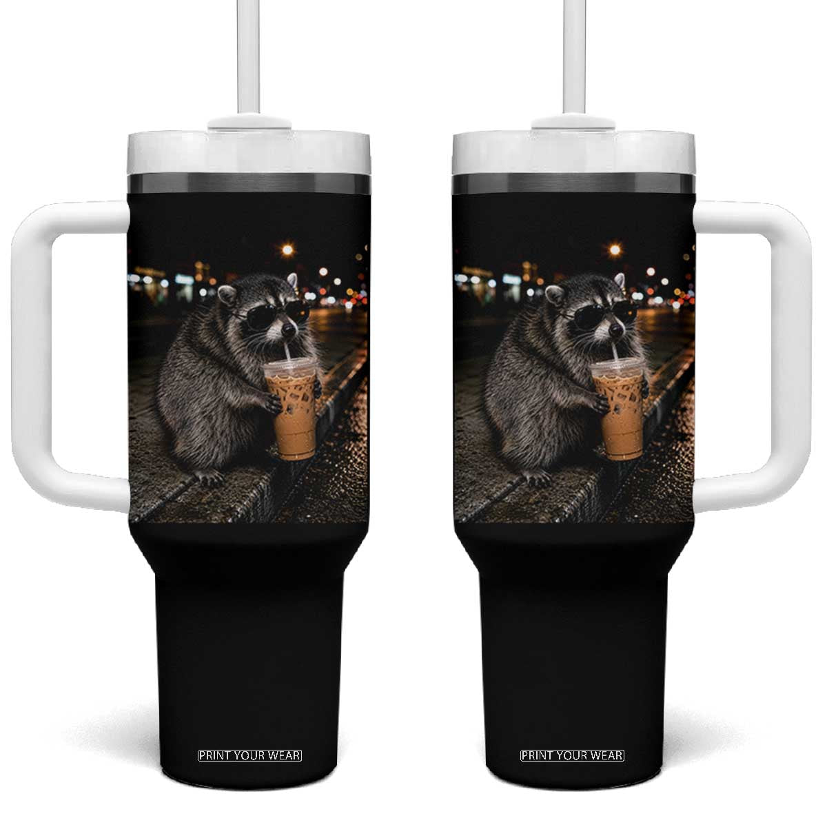 Jimothy Raccoon Seattle Drinking Iced Coffee Meme Tumbler With Handle Viral Trash Panda Seattle Animal Meme TS14 One Size: 40 oz Black Print Your Wear