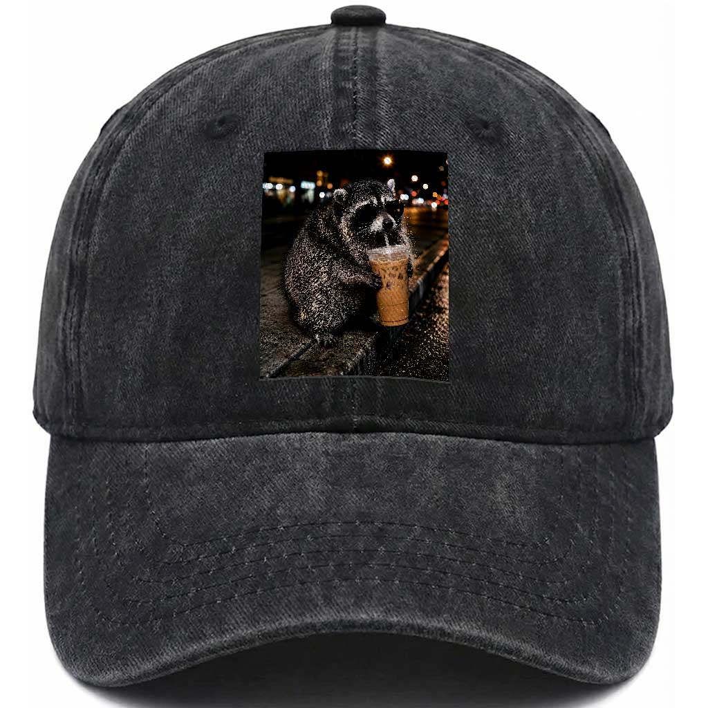 Jimothy Raccoon Seattle Drinking Iced Coffee Meme Washed Cotton Baseball Cap Viral Trash Panda Seattle Animal Meme TS14 Print Your Wear