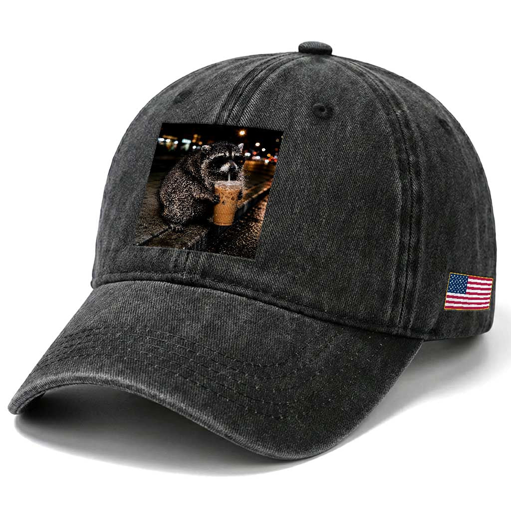 Jimothy Raccoon Seattle Drinking Iced Coffee Meme Washed Cotton Baseball Cap Viral Trash Panda Seattle Animal Meme