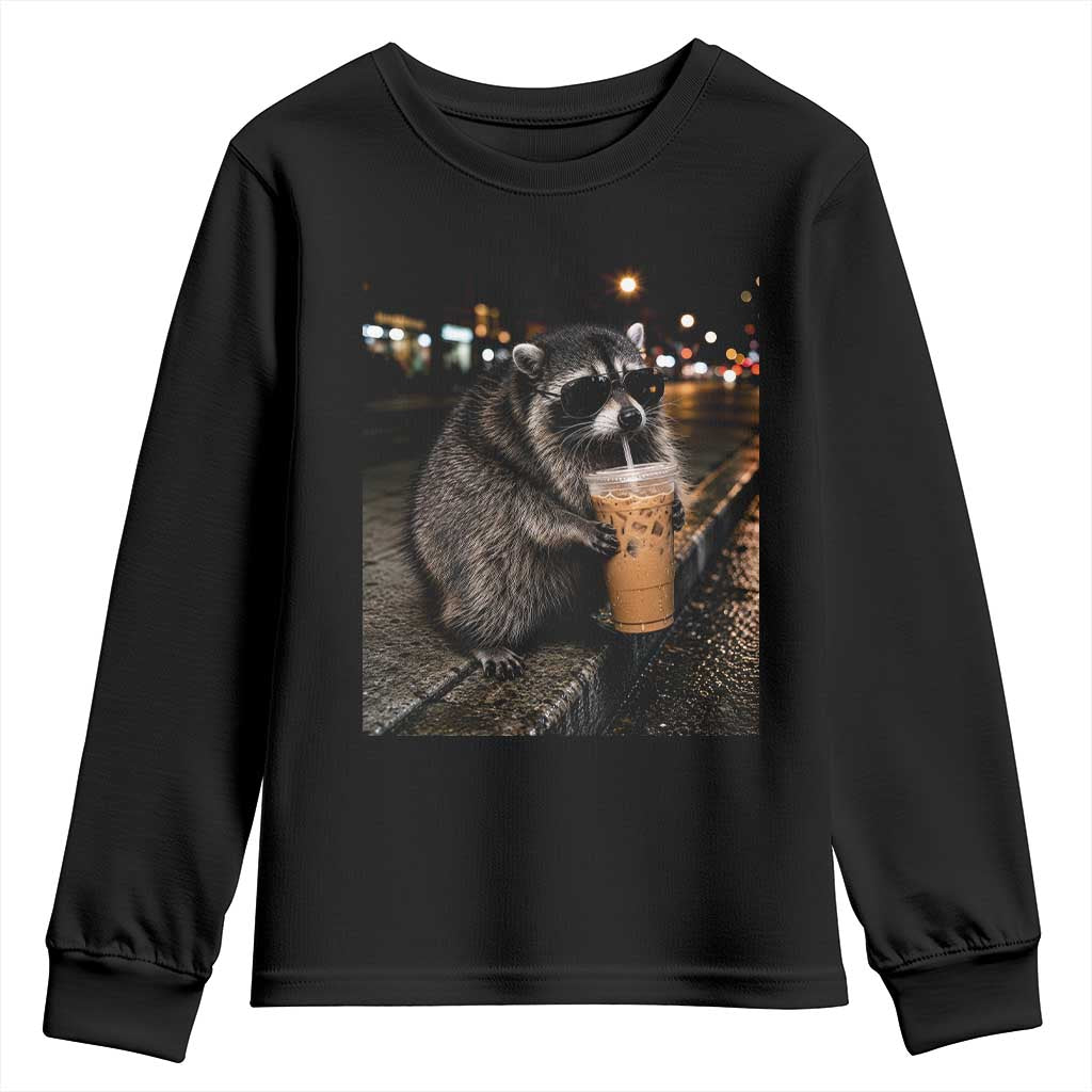 Jimothy Raccoon Seattle Drinking Iced Coffee Meme Youth Sweatshirt Viral Trash Panda Seattle Animal Meme TS14 Black Print Your Wear