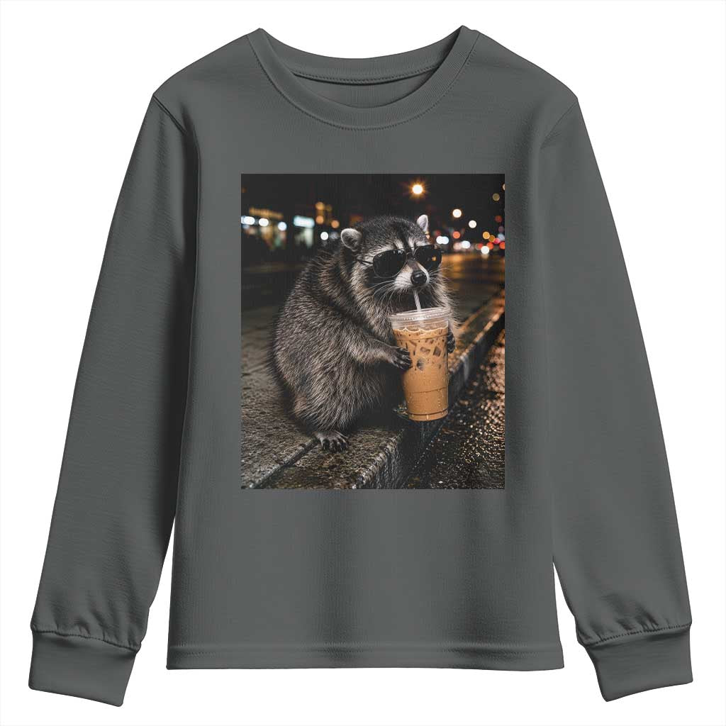 Jimothy Raccoon Seattle Drinking Iced Coffee Meme Youth Sweatshirt Viral Trash Panda Seattle Animal Meme