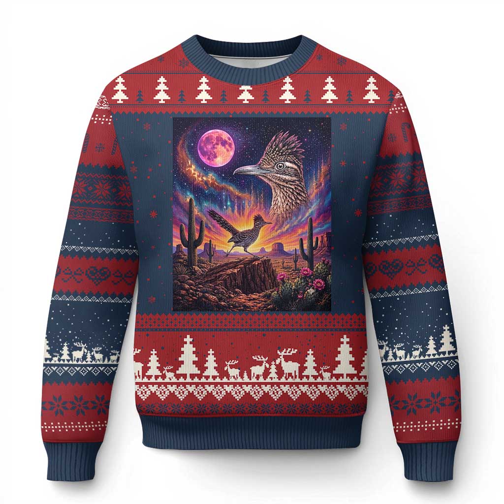 Arizona Roadrunner Vintage Desert Moon Retro Cactus Ugly Christmas Sweater 90s Southwest Wildlife Bird Animal Lover TS14 Navy Red Print Your Wear