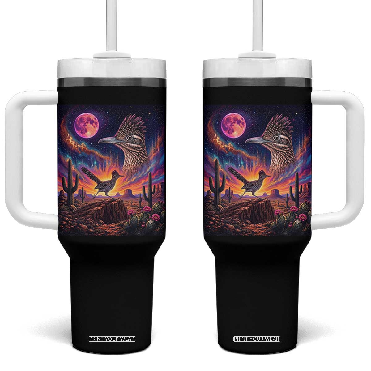 Arizona Roadrunner Vintage Desert Moon Retro Cactus Tumbler With Handle 90s Southwest Wildlife Bird Animal Lover TS14 One Size: 40 oz Black Print Your Wear