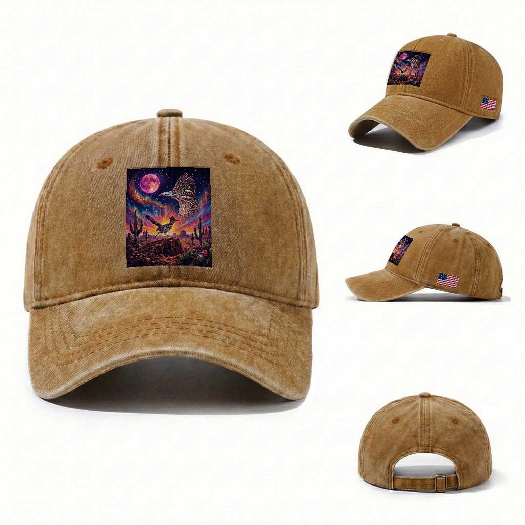 Arizona Roadrunner Vintage Desert Moon Retro Cactus Washed Cotton Baseball Cap 90s Southwest Wildlife Bird Animal Lover