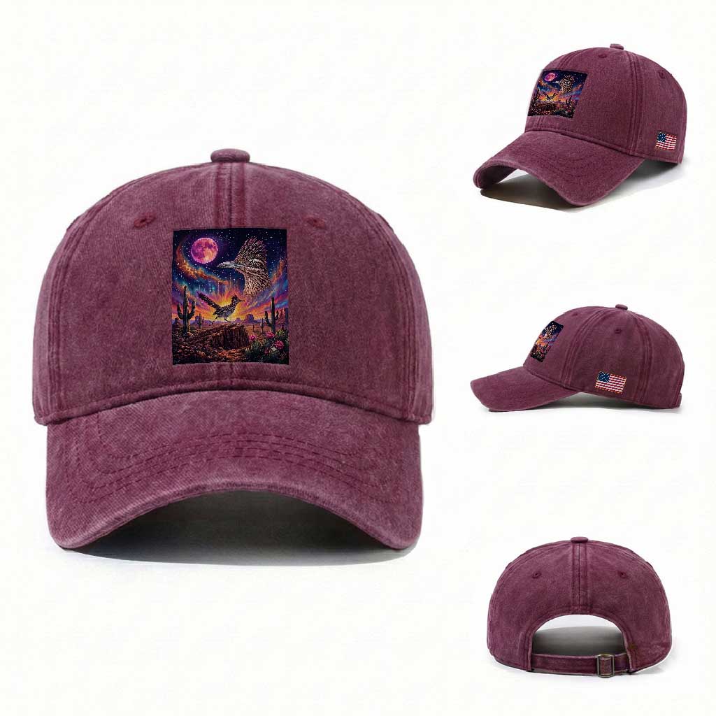 Arizona Roadrunner Vintage Desert Moon Retro Cactus Washed Cotton Baseball Cap 90s Southwest Wildlife Bird Animal Lover