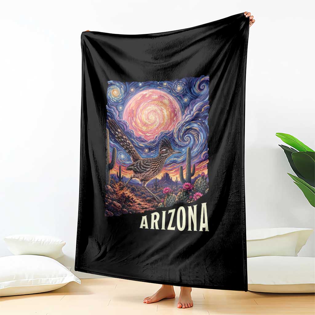 Arizona Roadrunner Vintage Desert Moon Retro Cactus Throw Blanket Southwest Wildlife Bird Starry Night Style