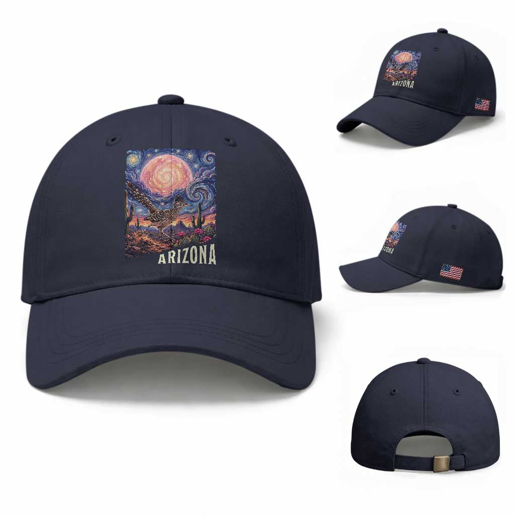 Arizona Roadrunner Vintage Desert Moon Retro Cactus Baseball Cap Southwest Wildlife Bird Starry Night Style