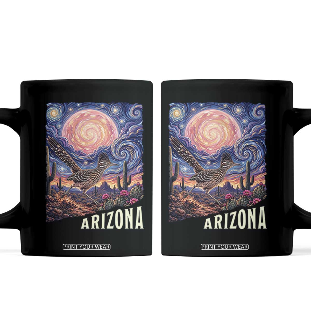 Arizona Roadrunner Vintage Desert Moon Retro Cactus Coffee Mug Southwest Wildlife Bird Starry Night Style TS14 Black Print Your Wear