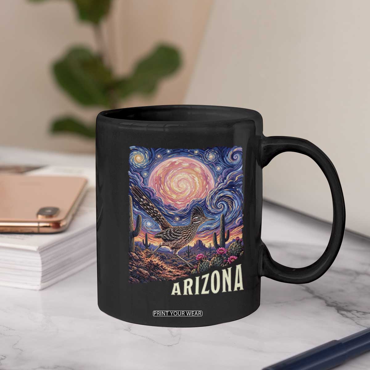 Arizona Roadrunner Vintage Desert Moon Retro Cactus Coffee Mug Southwest Wildlife Bird Starry Night Style