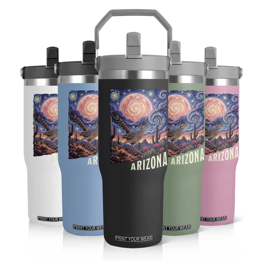 Arizona Roadrunner Vintage Desert Moon Retro Cactus Flip Straw Tumbler Southwest Wildlife Bird Starry Night Style