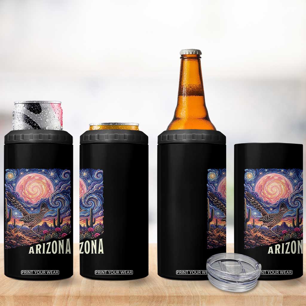 Arizona Roadrunner Vintage Desert Moon Retro Cactus 4 in 1 Can Cooler Tumbler Southwest Wildlife Bird Starry Night Style